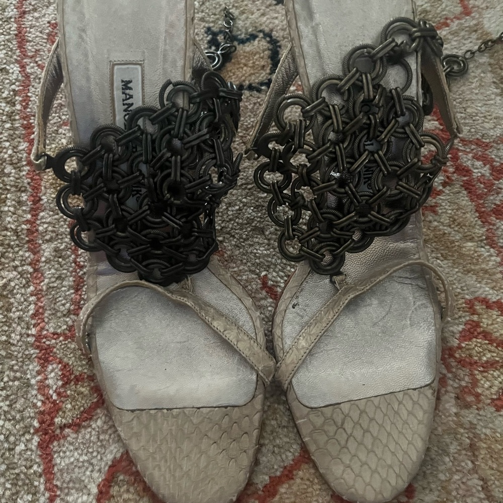 Manolo Blahnik Cream Sandals with Black Accents